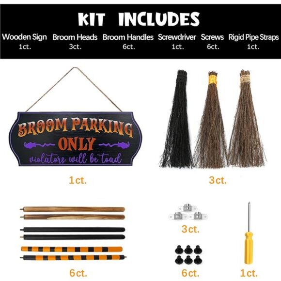 Halloween Decorations - Halloween Decor - Broom Parking Sign with 3 Wooden - Picture 5 of 7